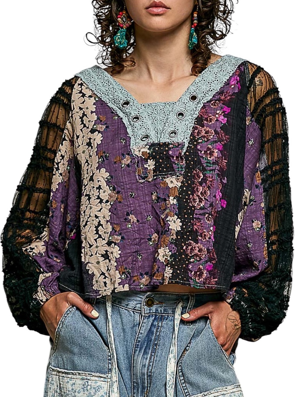POL Purple Patchwork Lace-Trim Boho Blouse